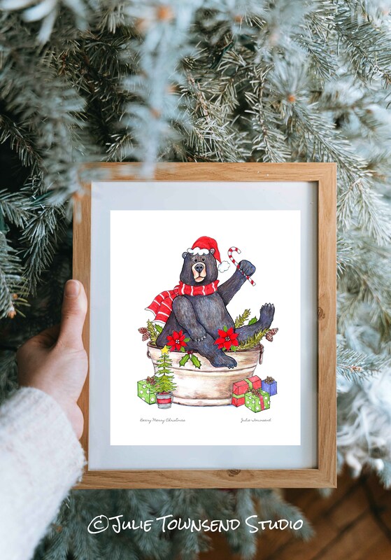 ART PRINT - BEARY MERRY CHIRSTMAS -  Whimsical Drawing of a Bear - Art to Display for the Winter Season - Brighten Any Room for the Holidays